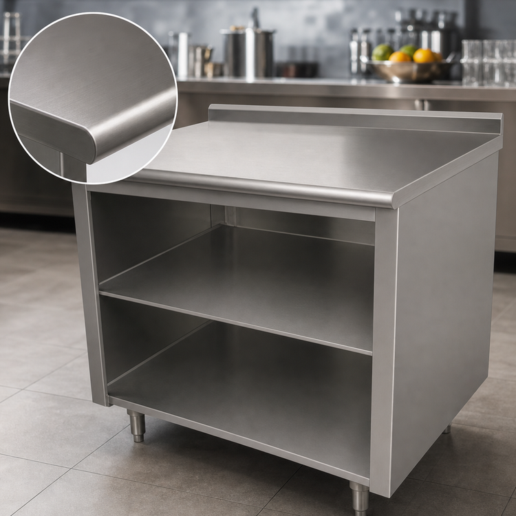 Product image #3 for Advance Tabco 120-Inch x 30-Inch Underbar Work Table with Open Front Cabinet Base, Mid-Shelf, and 1-1/2-Inch Rear Up-Turn