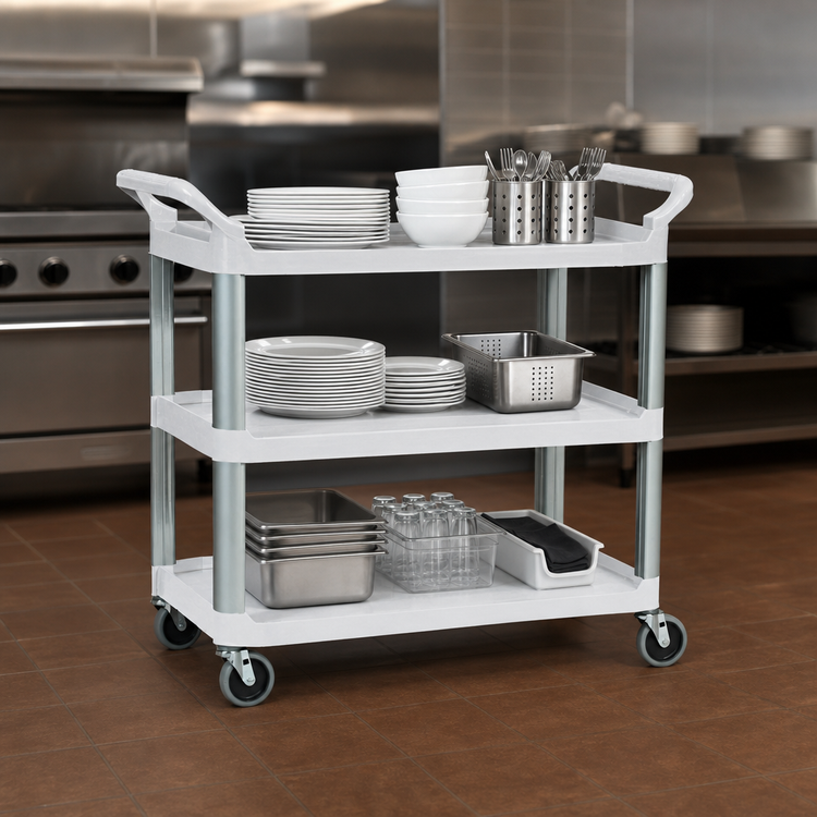 Product image #3 for Rubbermaid Commercial Xtra 3-Shelf Open-Sided Utility Bus Cart, Off White