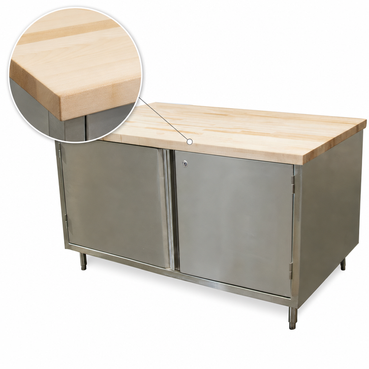 Product image #3 for BK Resources 48 Inch x 30 Inch Hard Maple Chef Table with Stainless Steel Cabinet Base and Locking Hinged Doors