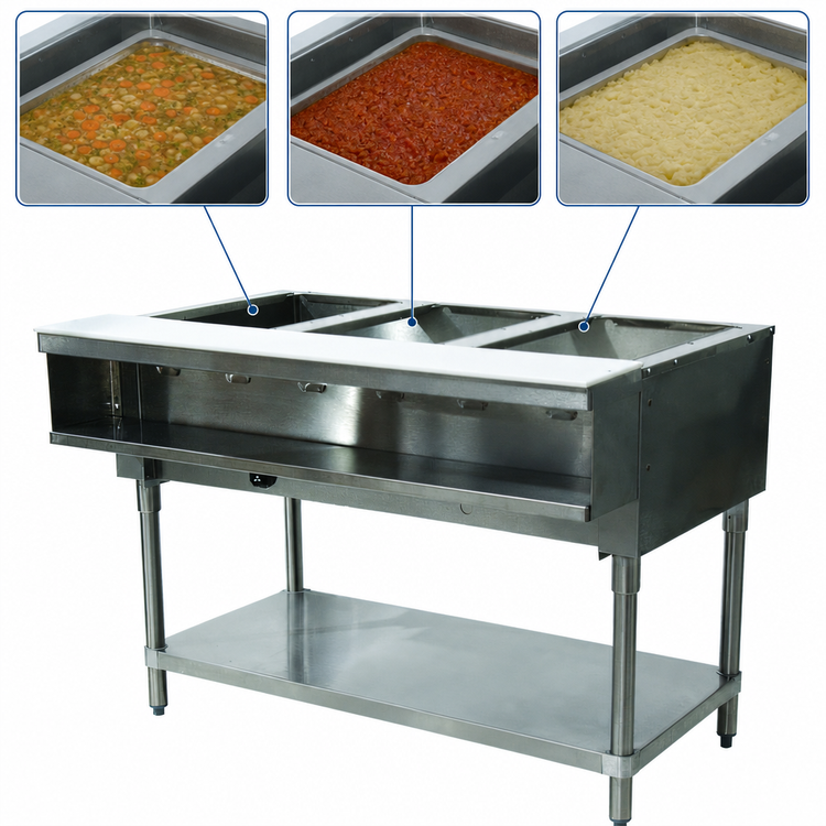 Product image #3 for Advance Tabco Triumph (Supreme) 3-Well Water Bath Hot Food Table, Natural Gas, Open Base with Undershelf
