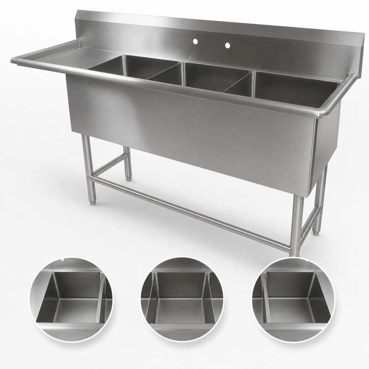 Product image #3 for John Boos Pro-Bowl 3-Compartment Stainless Steel Sink with Left Drainboard, 18 x 24 x 12-Inch Bowls