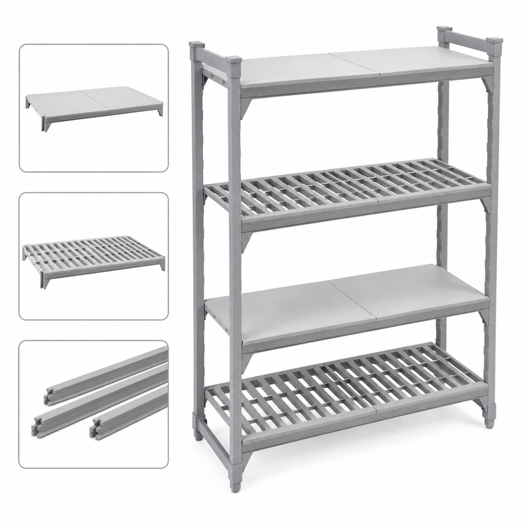 Product image #4 for Cambro Camshelving Premium 24" x 54" 4-Shelf Vented and Solid Polymer Shelf Kit, Speckled Gray