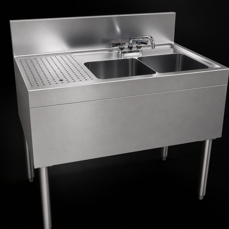 Product image #3 for Glastender Stainless Steel Two-Compartment Underbar Sink with Left Drainboard, 36 Inch W x 24 Inch D