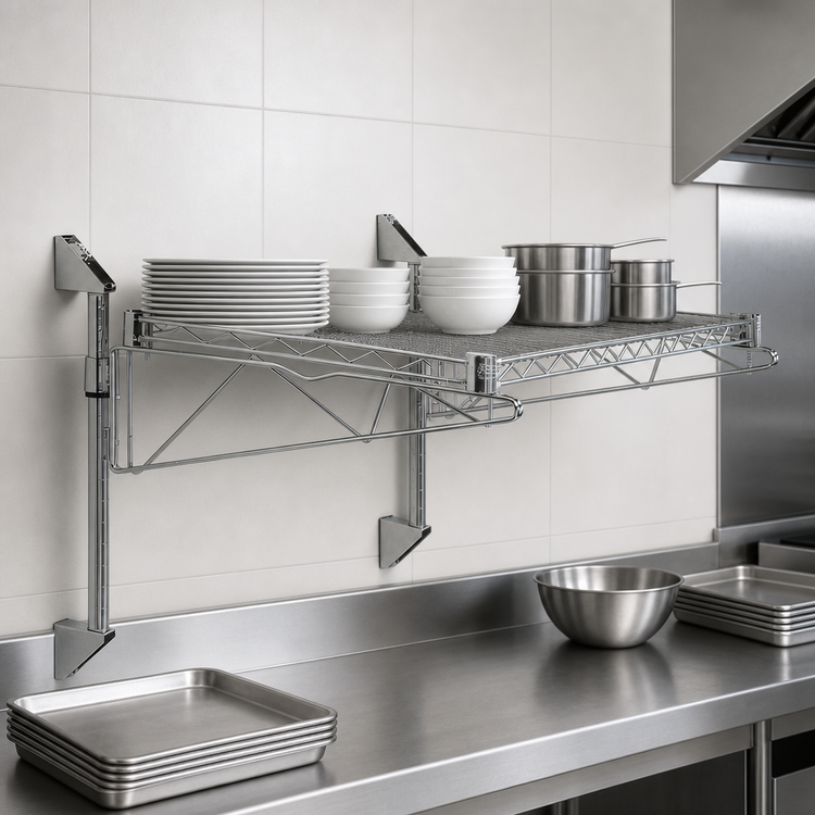 Product image #3 for Quantum Wall-Mount Cantilever Wire Shelf, 72 x 24 Inches, Gray Epoxy Antimicrobial Finish