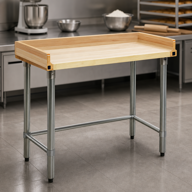Product image #3 for Eagle Group 60 x 30 Inch Open Base Baker's Table with 1-3/4-Inch Hardwood Top, 4-Inch Splash, and Galvanized Tubular Base