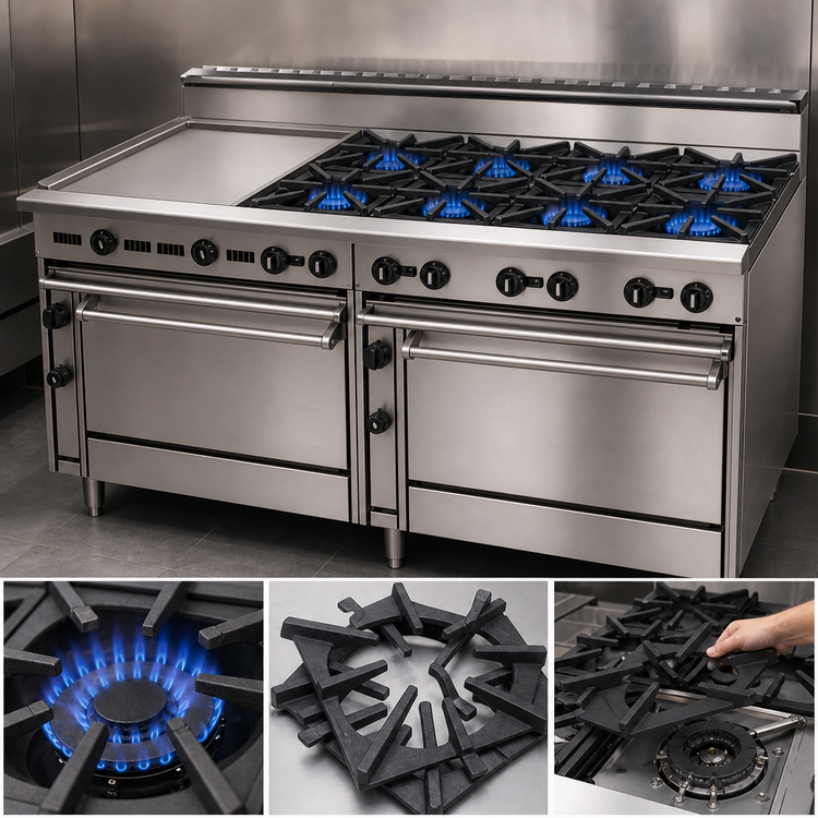 Product image #3 for Jade Bistro 72-Inch Shallow-Depth Heavy-Duty Gas Restaurant Range with 8 Open Burners, 24-Inch Griddle, Standard Oven and Convection Oven
