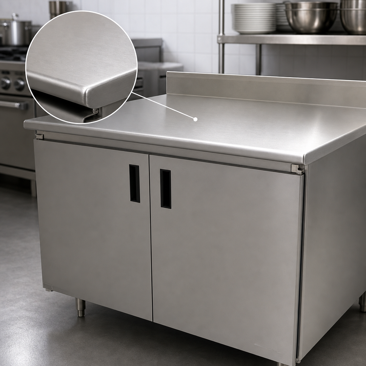 Product image #3 for Advance Tabco Special Value Economy Enclosed Work Table with Sliding Doors, 108W x 24D, 16 Gauge 304 Stainless Steel Top, 5-Inch Backsplash