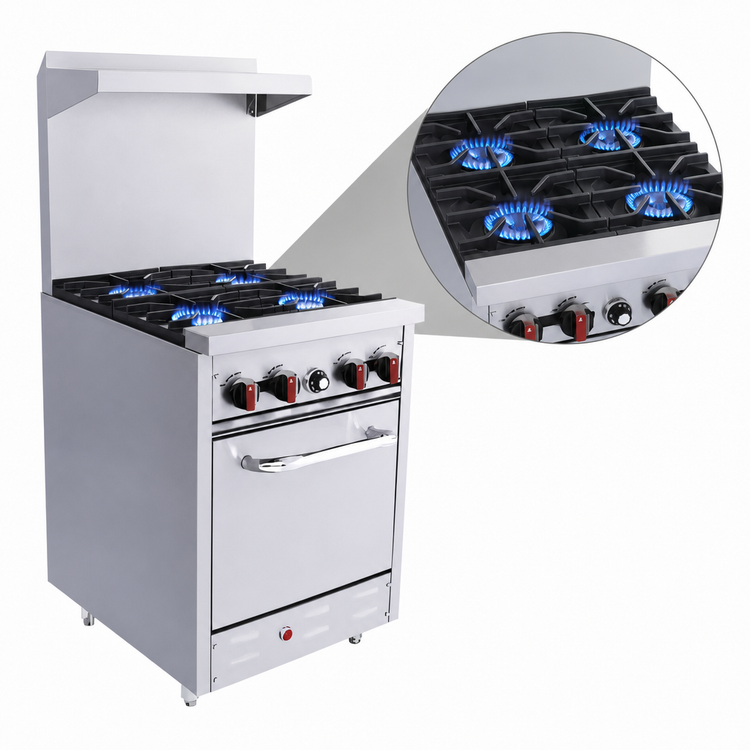Product image #3 for BakeMax Restaurant Series 24-Inch Natural Gas Commercial Range with 4 Open Burners, Standard Oven, and Hi-Shelf