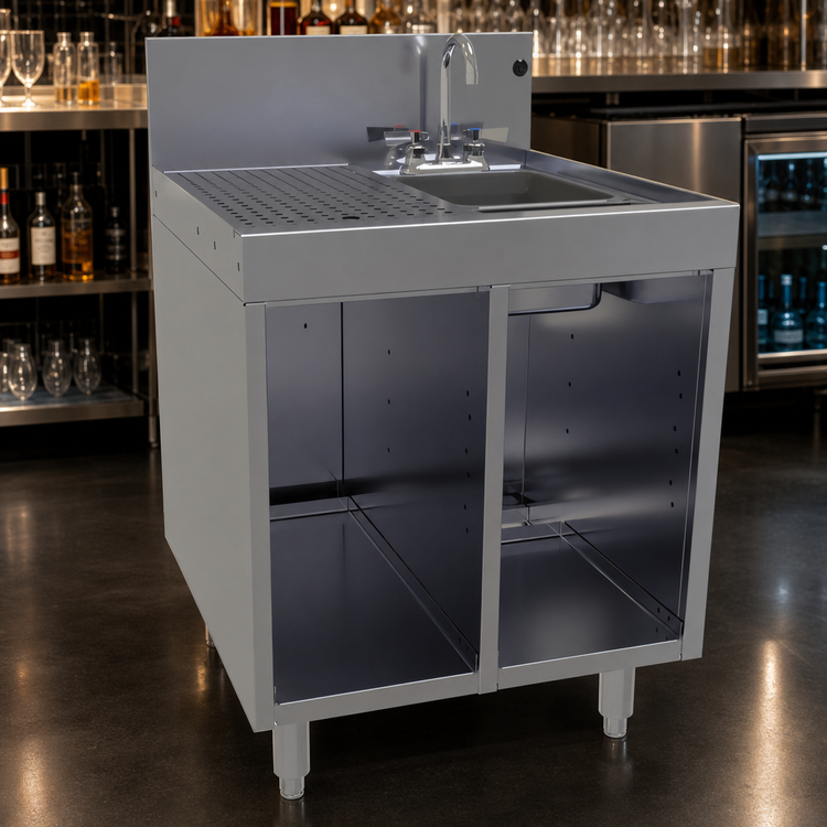 Product image #3 for Glastender Underbar Wet Waste Sink Cabinet Base with Open Front, Left Drainboard, Right Bowl