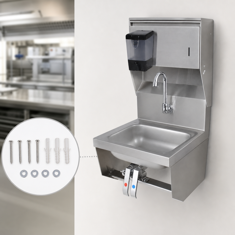 Product image #3 for BK Resources Wall-Mount Stainless Steel Hand Wash Sink with Towel and Soap Dispenser, 14 x 10 Bowl, 5-Inch Deep