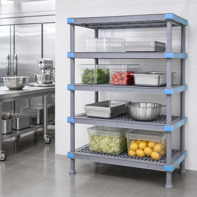 Product image #3 for Quantum Millenia 54"W x 24"D x 50"H Polymer Shelving Unit with 4 Open Grid Shelves and Dunnage Stand