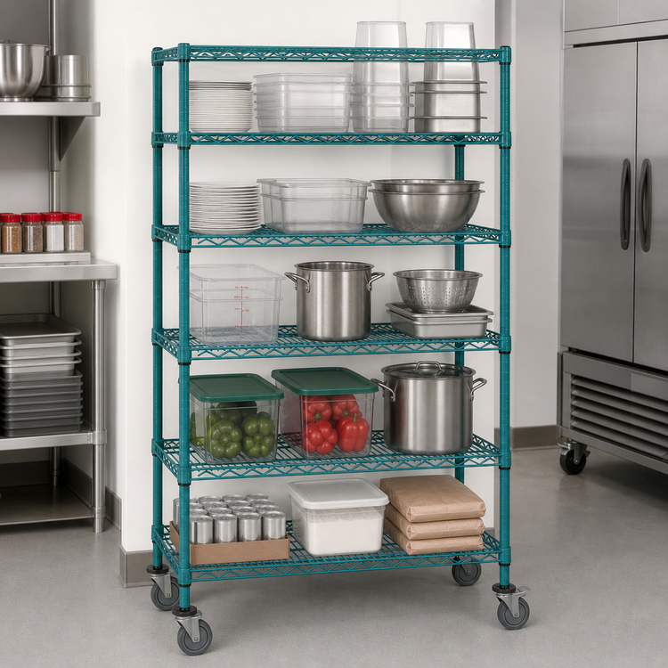 Product image #3 for Quantum 48 in. W x 18 in. D x 69 in. H 5-Shelf Mobile Wire Shelving Cart with Green Epoxy Antimicrobial Finish