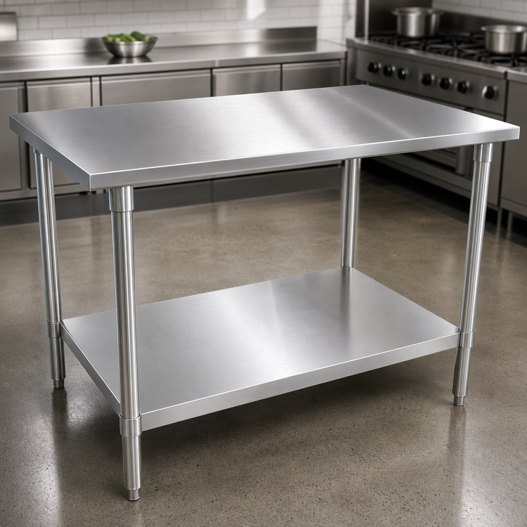 Product image #3 for John Boos Stallion 108-Inch x 36-Inch 14-Gauge 300 Series Stainless Steel Flat-Top Work Table with Galvanized Base and Adjustable Undershelf