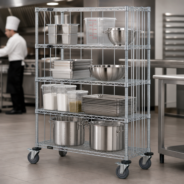 Product image #3 for Quantum Mobile Enclosure Cart with 4 Wire Shelves, Chrome-Plated Finish
