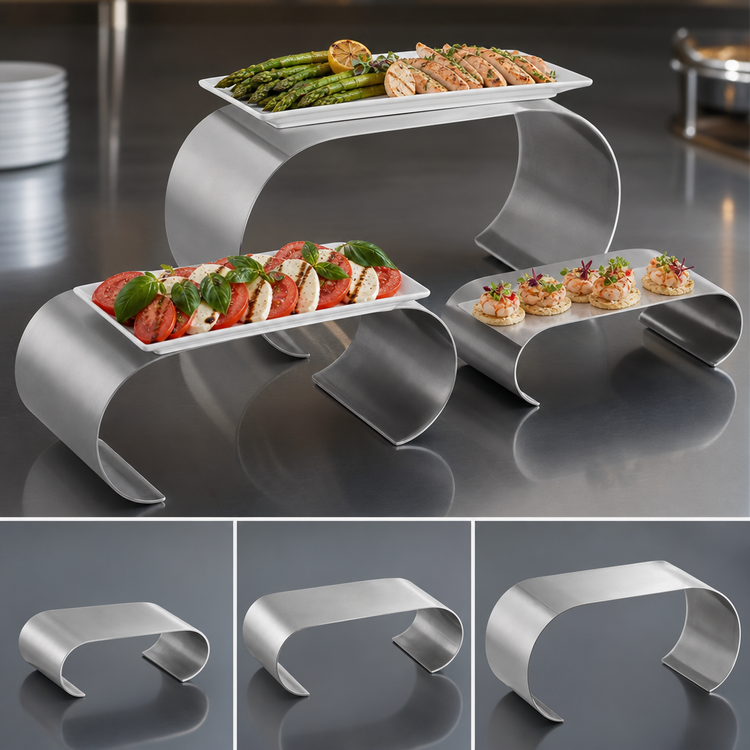 Product image #3 for 3-Piece Stainless Steel Buffet Riser Set with Curled Ends