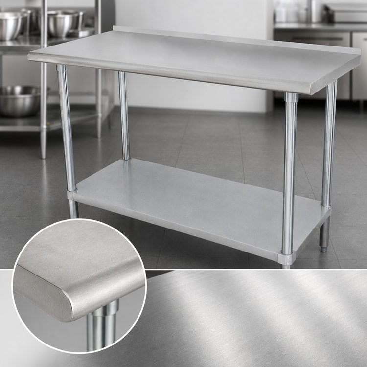 Product image #3 for Advance Tabco 120-Inch x 24-Inch 304 Stainless Steel Work Table with 1-1/2-Inch Rear Backsplash, Galvanized Undershelf and Legs