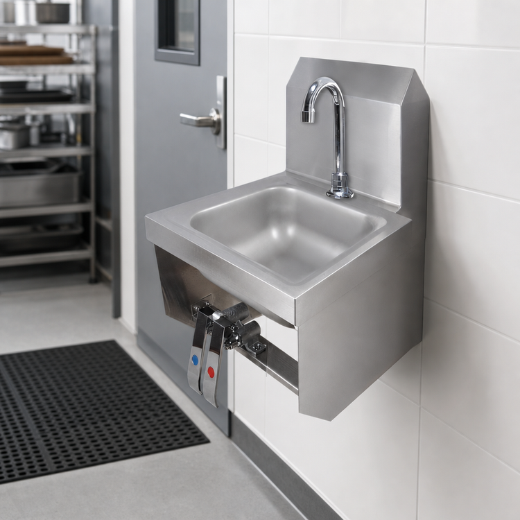 Product image #3 for BK Resources Space Saver Wall-Mounted Hand Sink with Gooseneck Faucet and Dual Knee Pedals, 9" x 9" x 5" Bowl