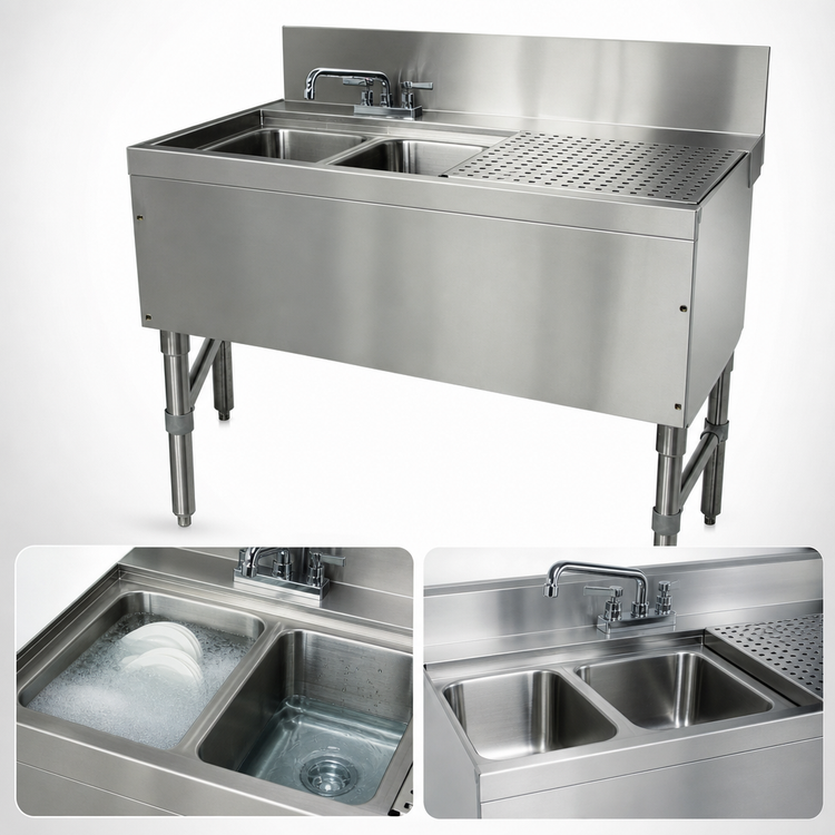 Product image #3 for Prestige 36-Inch Stainless Steel 2-Compartment Underbar Sink Unit with Right Drainboard and Deck-Mount Faucet