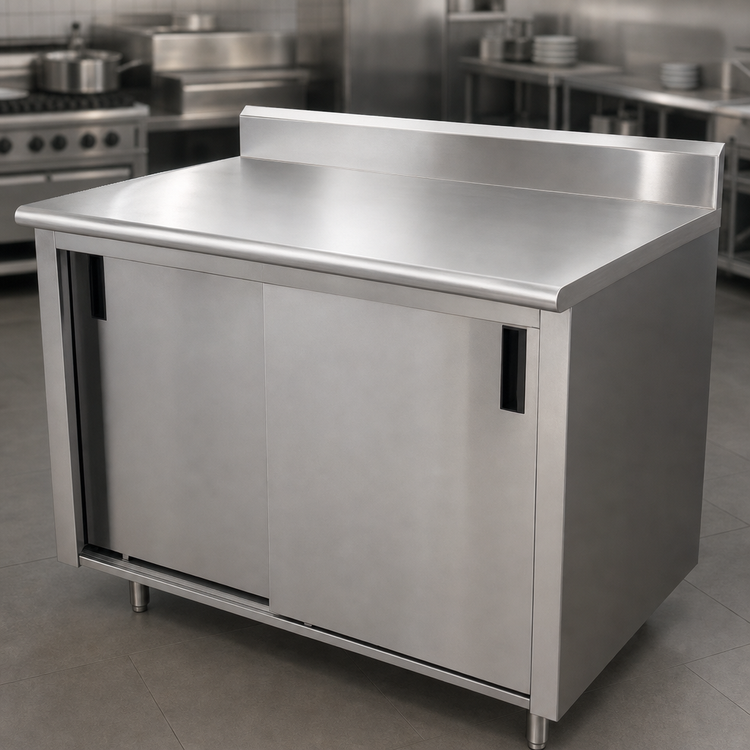 Product image #3 for Advance Tabco 108" x 24" 14-Gauge 304 Stainless Steel Enclosed Work Table with Cabinet Base, Sliding Doors, Mid-Shelf, and 5" Backsplash