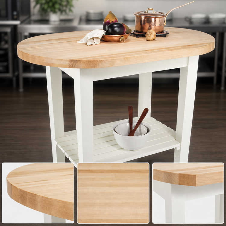 Product image #3 for John Boos Boos Block 60 Inch x 30 Inch x 35 Inch Elliptical C-Table Island Work Table with 1-1/2 Inch Maple Butcher Block Top and Slatted Undershelf