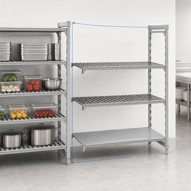 Product image #4 for Cambro Camshelving Premium 4-Tier Add-On Polymer Shelving Unit, 18 x 48 x 64 Inches, 3 Vented + 1 Solid Shelf Plates, Speckled Gray