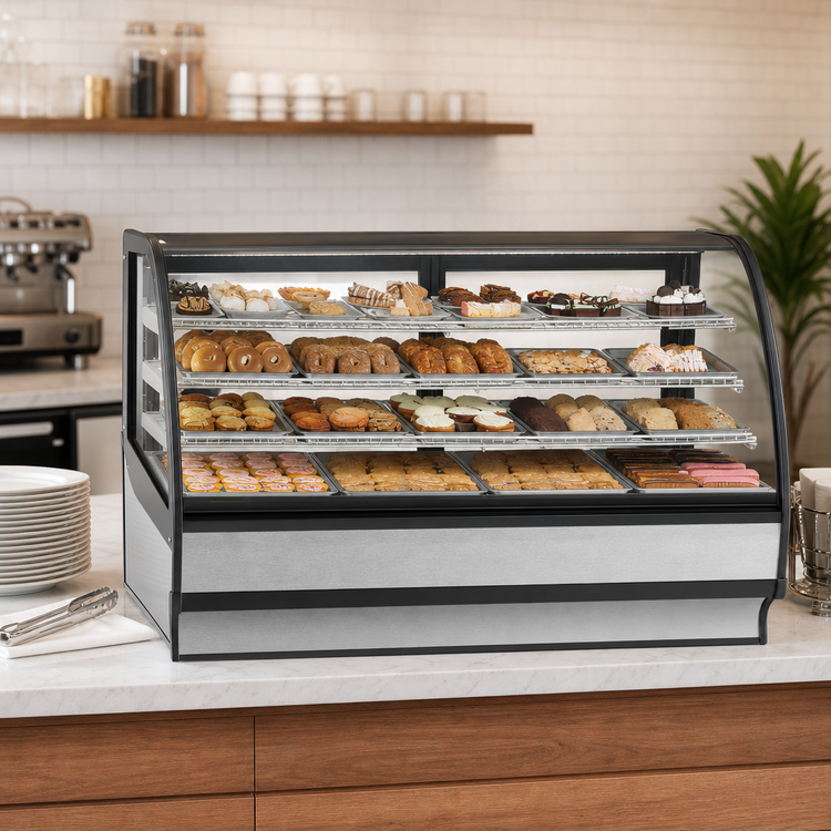 Product image #4 for True 77 1/4-Inch Countertop Dry Pastry Display Merchandiser with Lift-Up Curved Glass Front, Glass Ends and Stainless Steel Exterior
