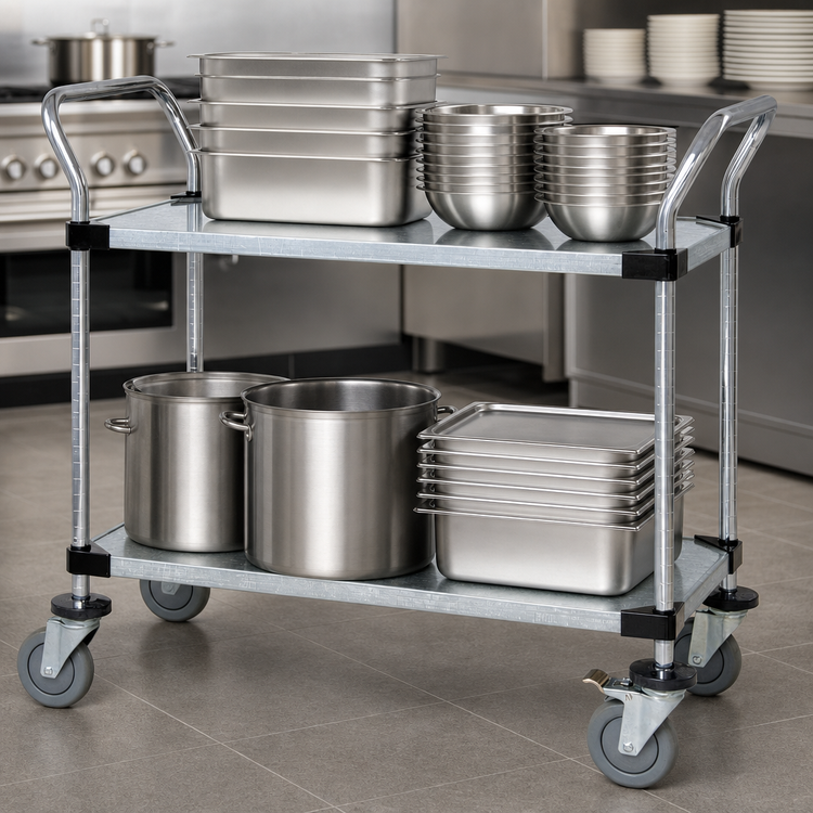 Product image #3 for Quantum Open-Base Stainless Steel Utility Bus Cart with 2 Mixed Shelves, 42 x 18 x 37-1/2 Inches