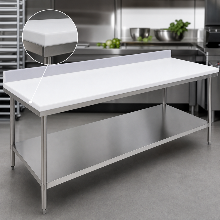 Product image #3 for 108 Inch x 30 Inch Poly Top Work Table with 6 Inch Backsplash and Adjustable Undershelf