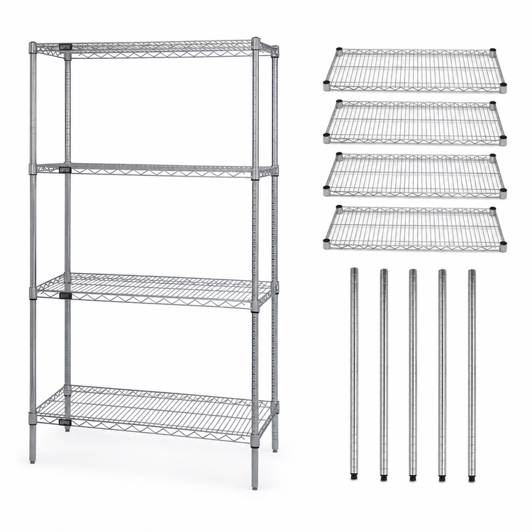 Product image #3 for Quantum Chrome-Plated 4-Shelf Stationary Wire Shelving Starter Kit, 48"W x 14"D x 54"H