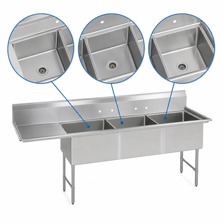 Product image #3 for BK Resources Three-Compartment Stainless Steel Sink with Left Drainboard, 24 x 24 x 14-Inch Bowls, 16-Gauge