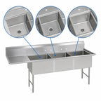 Thumbnail image #3 for BK Resources BKS6-3-24-14-24LS Three-Compartment Stainless Steel Sink, Left Drainboard, 24 x 24 x 14-Inch Bowls, 16-Gauge, 10-Inch Backsplash