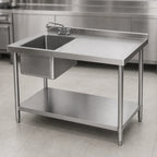 Thumbnail image #3 for Klinger's Trading STB3060BL 60 x 30-Inch Stainless Steel Sink Table with Left-Side Prep Sink, 18-Gauge Top and Undershelf