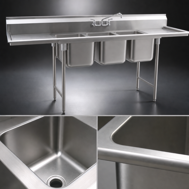 Product image #3 for Eagle Group 414 Series 108-Inch Three-Compartment Sink with Dual 24-Inch Drainboards
