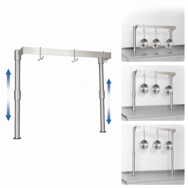 Product image #3 for BK Resources Adjustable Table-Mount Stainless Steel Pot Rack, Single-Bar Design, 72 Inch W x 50 Inch H