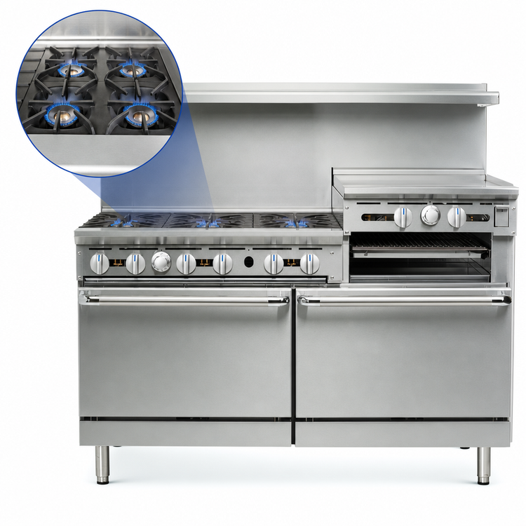 Product image #3 for Imperial Pro Series 60-Inch Gas Restaurant Range with 6 Open Burners, 24-Inch Raised Griddle/Broiler, Convection Oven, and Open Cabinet Base