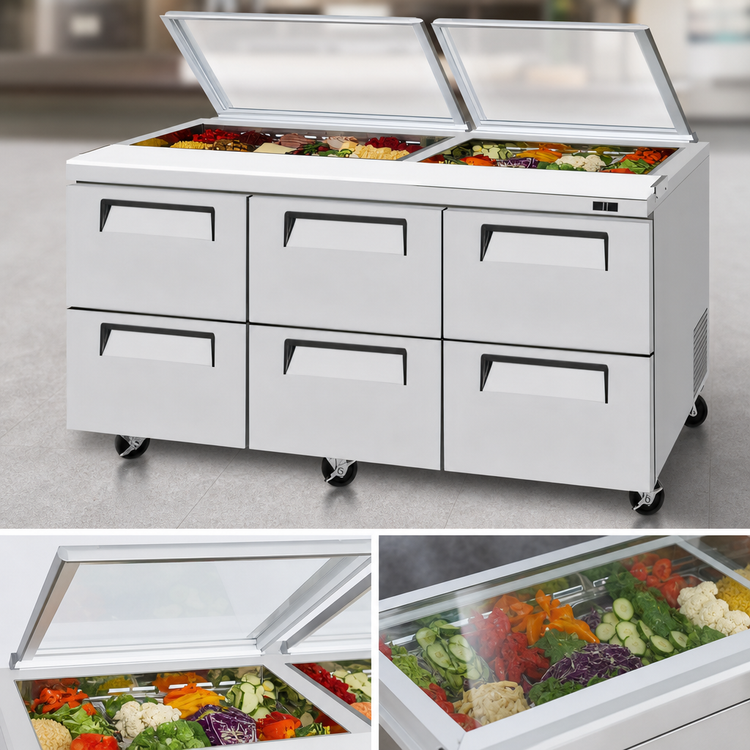 Product image #3 for Turbo Air Super Deluxe 72-5/8-Inch 3-Section 19 Cu. Ft. Sandwich/Salad Prep Table with Glass Lid and 6 Drawers