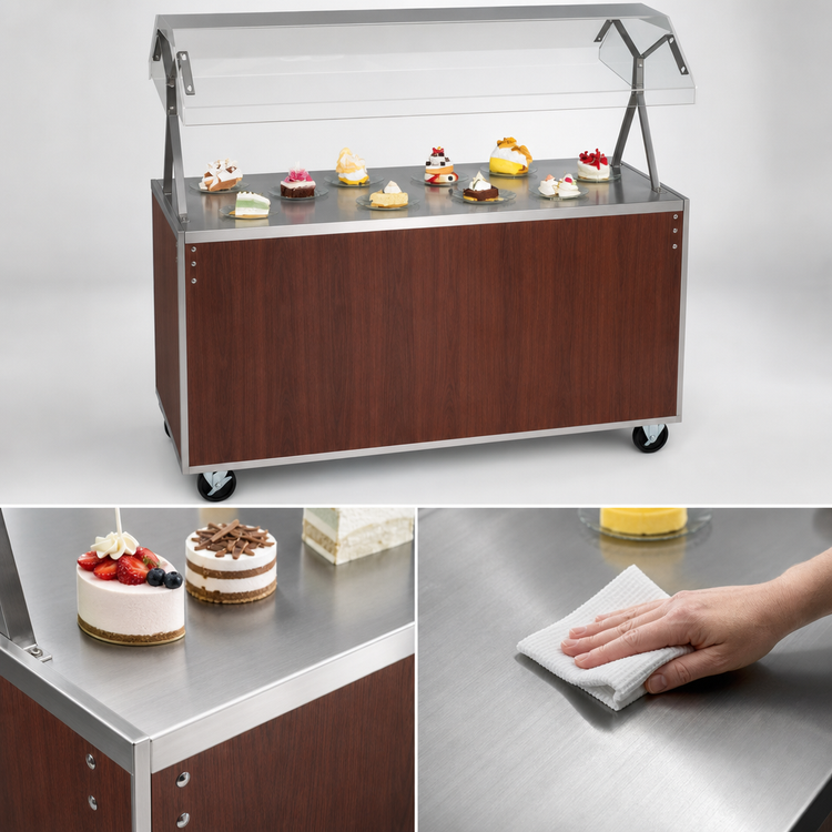 Product image #3 for Vollrath 2-Series Affordable Portable 60-Inch Mobile Utility Station with Seamless Stainless Steel Top, Buffet Breath Guard, Sliding Door Storage Base, and Cherry Woodgrain Base