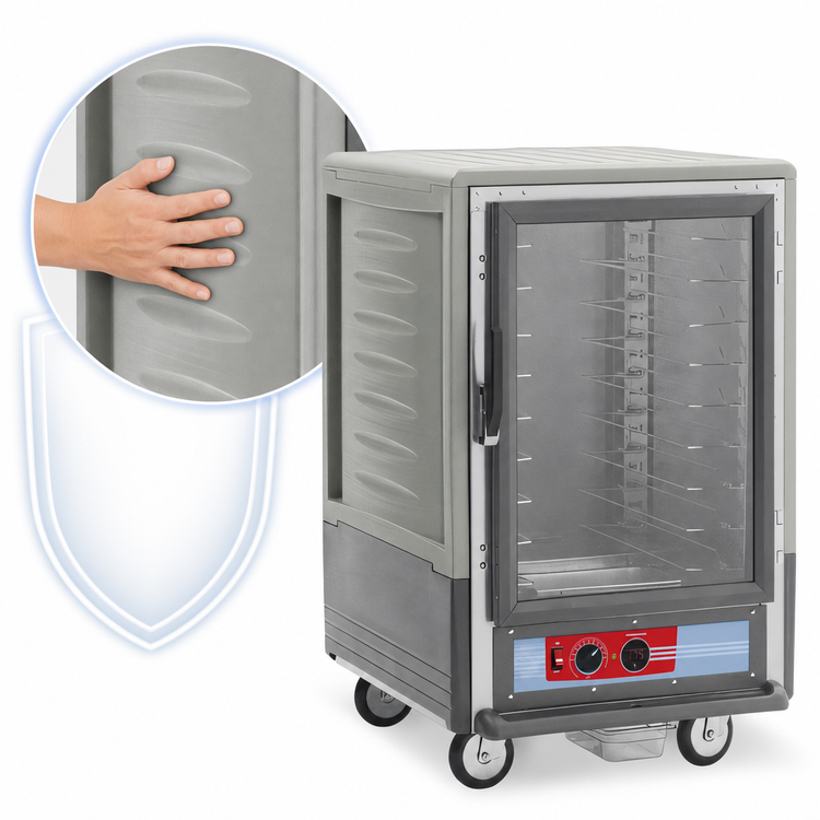 Product image #3 for Metro C5 3 Series Half-Height Mobile Heated Holding Cabinet with Clear Polycarbonate Door, Gray Insulation Armour