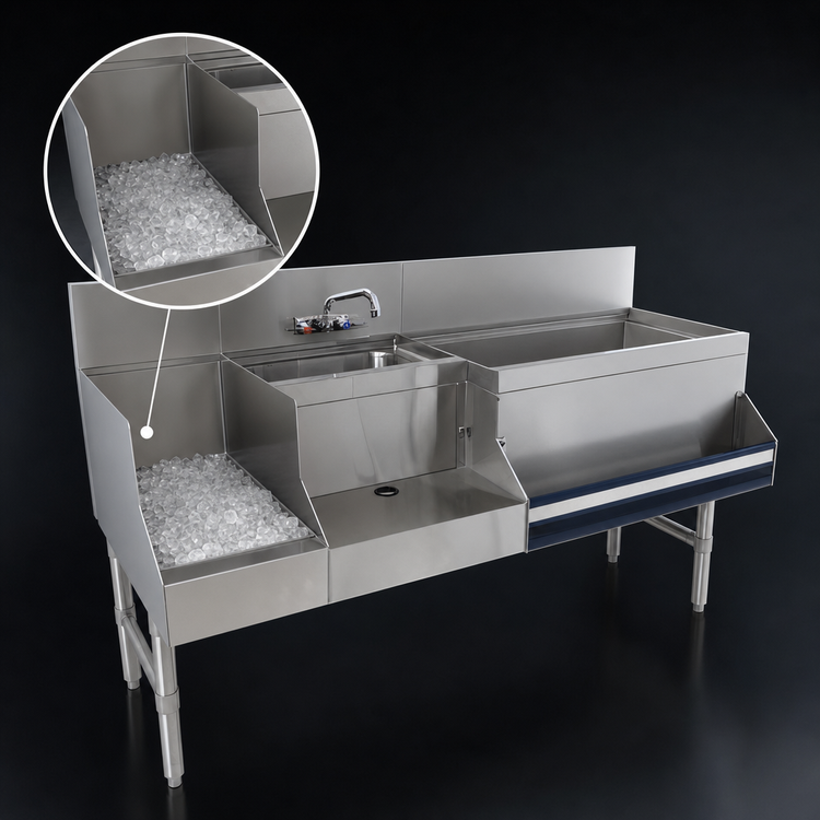 Product image #3 for Advance Tabco Prestige Uni-Serv 60-Inch Stainless Steel Speed Bar with Left Ice Bin, Dump Sink, and Blender Station