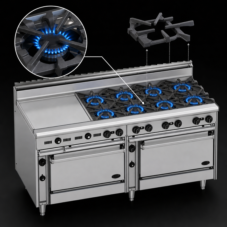 Product image #3 for Jade Range Bistro 72-Inch Shallow-Depth Commercial Gas Range with 12 Open Burners, Standard Oven, and Cabinet Base