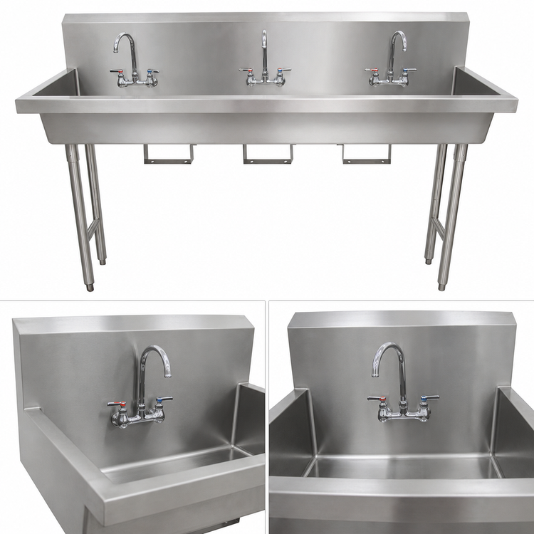 Product image #3 for BK Resources Three-Station Freestanding 304 Stainless Steel Hand Wash Sink, 72-Inch Wide