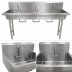 Thumbnail image #3 for BK Resources MSHS-72F1B Three-Station Freestanding 304 Stainless Steel Hand Wash Sink, 72-Inch Wide, 8-Inch Bowl, Faucet Not Included