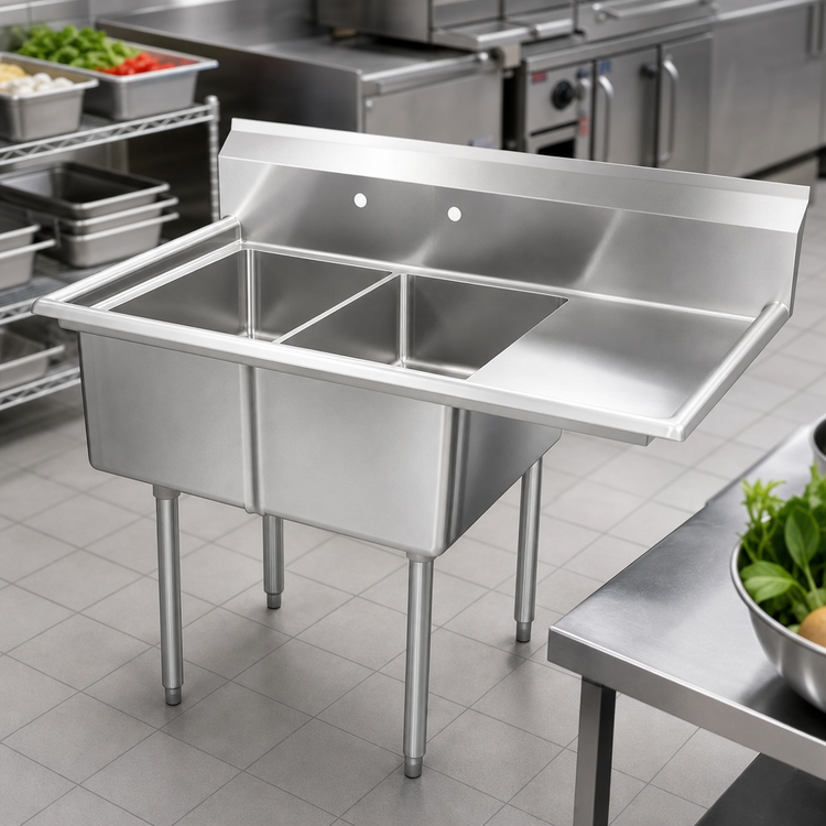 Product image #3 for Omcan 2-Compartment Pot Sink with Right-Hand Drainboard, 304 Stainless Steel