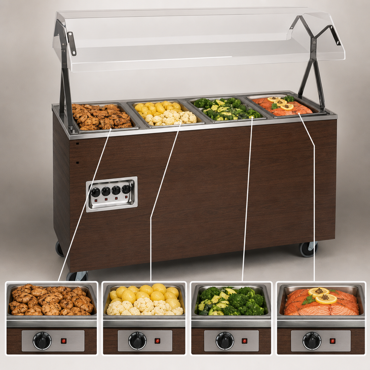 Product image #3 for Vollrath 2-Series Affordable Portable 4-Well Mobile Hot Food Station with Lights, Walnut Woodgrain, 120/208-240V