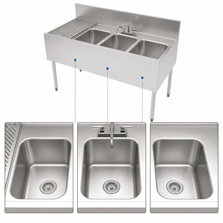 Product image #4 for 48-Inch Three-Compartment Stainless Steel Underbar Multi-Tank Sink Unit with Left Drainboard and Backsplash