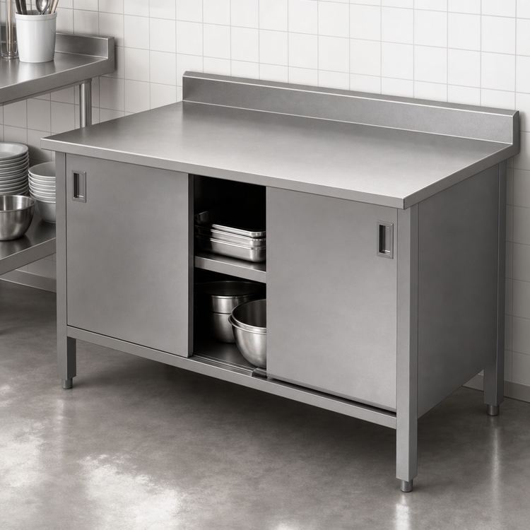 Product image #3 for John Boos Enclosed Work Table with Cabinet Base and Hinged Doors, 96 x 30 Inches, 14-Gauge Stainless Steel Top, 5-Inch Backsplash