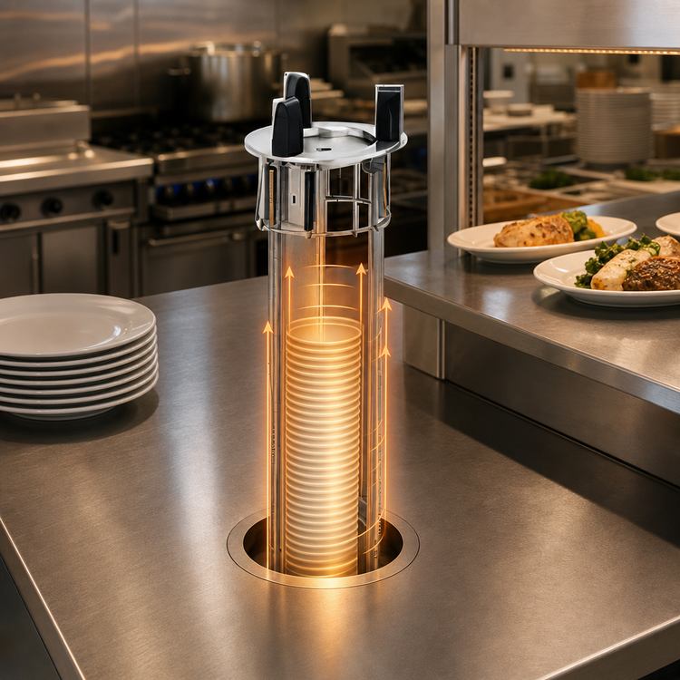 Product image #3 for Delfield Even Temp Heated Drop-In Round Plate Dish Dispenser, Single Self-Elevating Tube, Stainless Steel