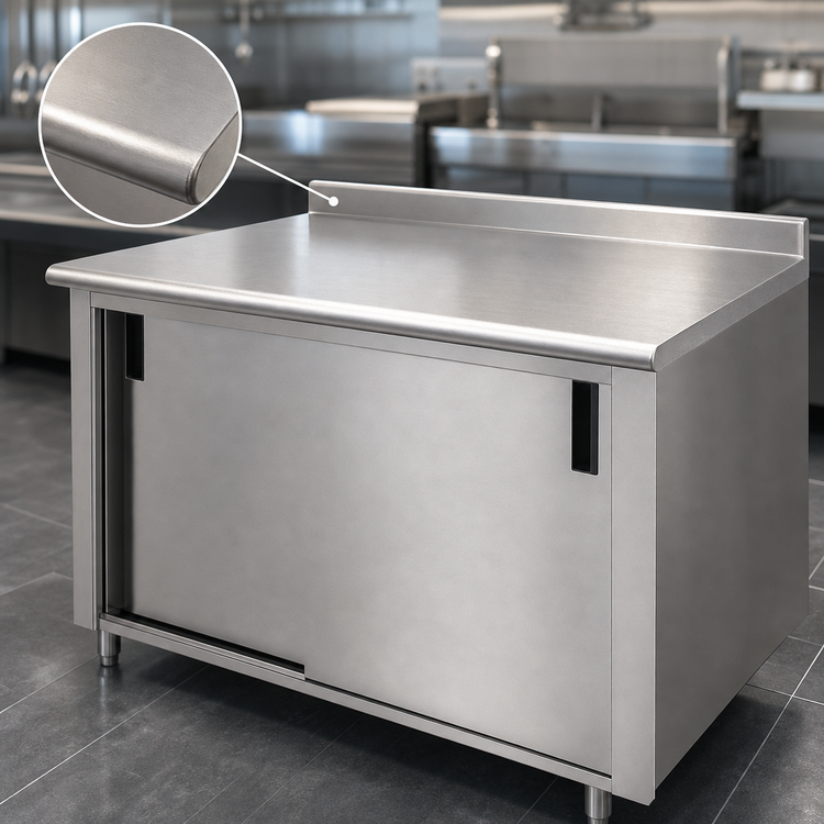 Product image #3 for Advance Tabco 108" x 30" Enclosed Cabinet Base Work Table with 14-Gauge 304 Stainless Steel Top and Sliding Doors