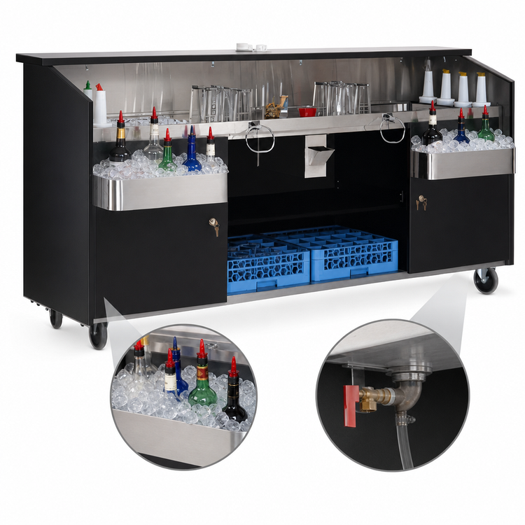 Product image #3 for Regency Supreme 95-3/4 Inch Wide Black Portable Bar with 2 Ice Bins, Bottle Storage and Stainless Steel Work Top