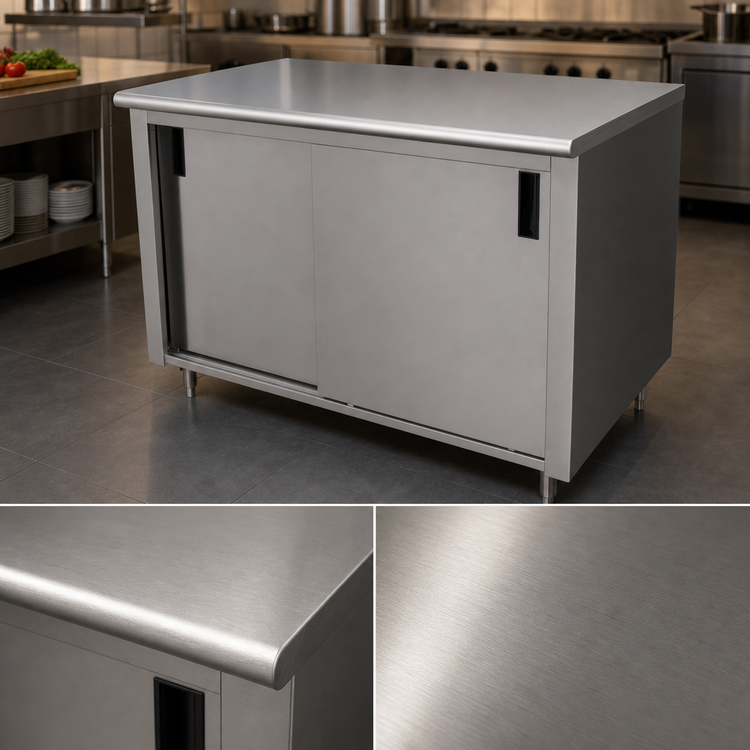 Product image #3 for Advance Tabco Enclosed Work Table, 144 x 30 Inches, Cabinet Base, Mid-Shelf, Sliding Doors, 14-Gauge 304 Stainless Steel Top